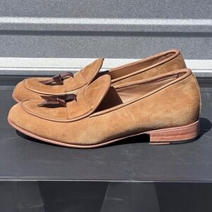 George Esquivel Tan Suede Penny Loafers Metallic Bow Detail Womens SlipOn Josie